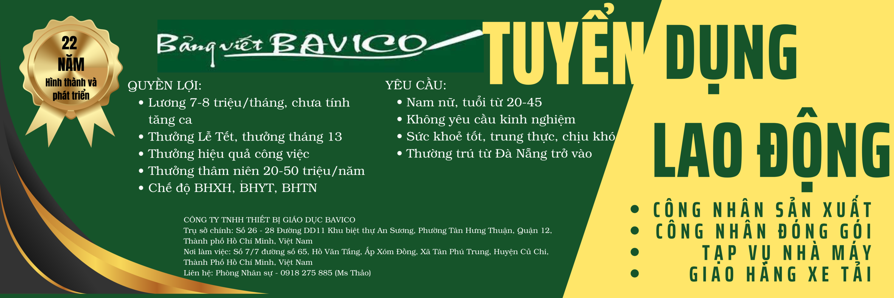 Tuyển tạp vụ và nhiều vị trí tại nhà máy Bavico